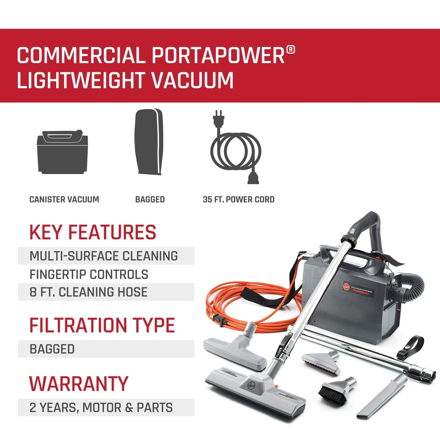 Hoover Commercial PortaPower Lightweight Canister Vacuum