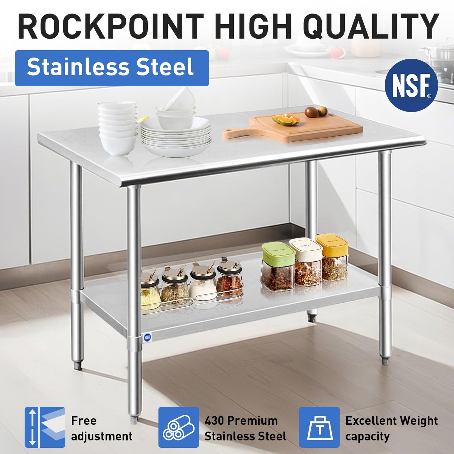 ROCKPOINT NSF Stainless Steel Prep Table 24x48 In. Adjustable Shelf