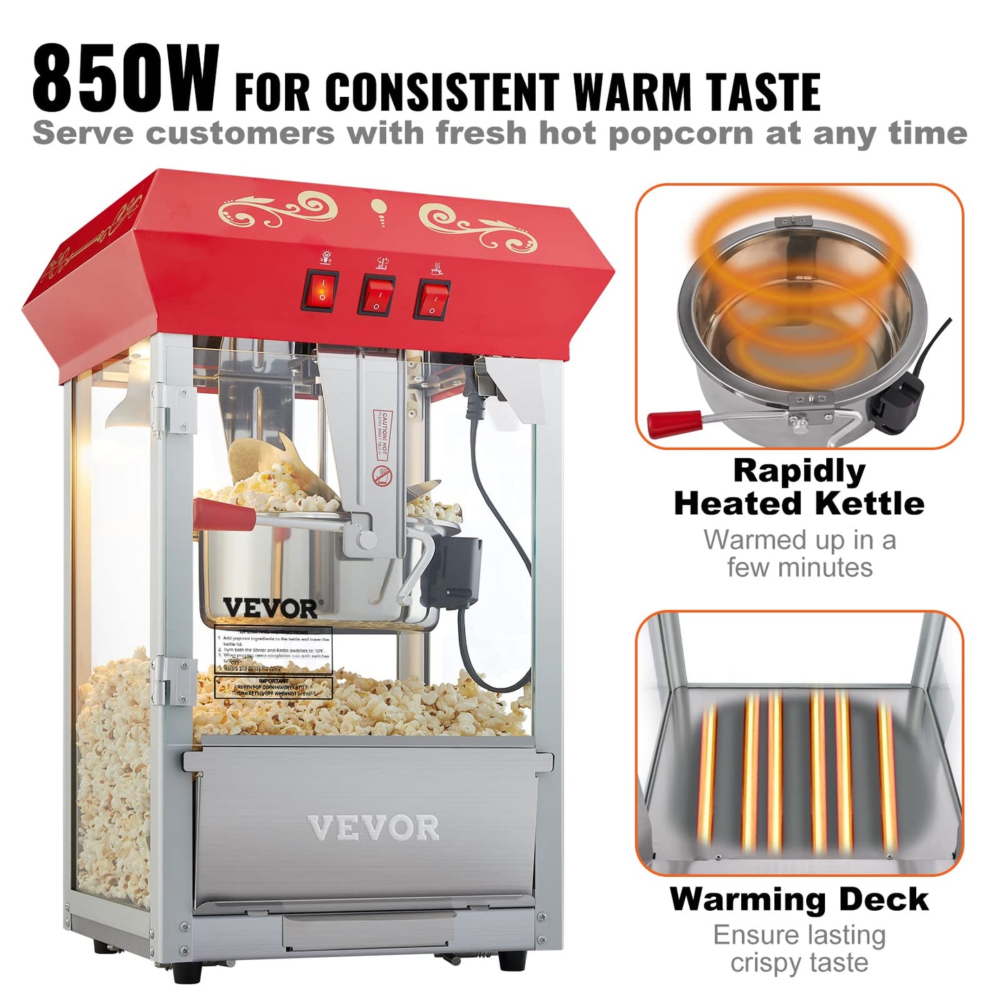 VEVOR Commercial Popcorn Machine 8 Oz Kettle 850W 48-Cup Countertop