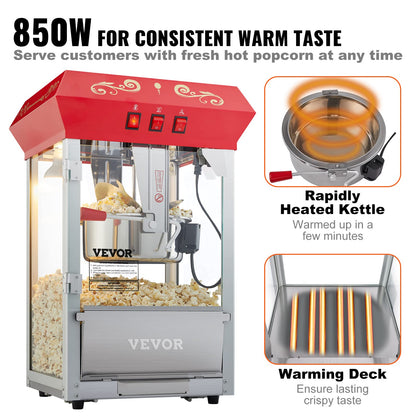 VEVOR Commercial Popcorn Machine 8 Oz Kettle 850W 48-Cup Countertop