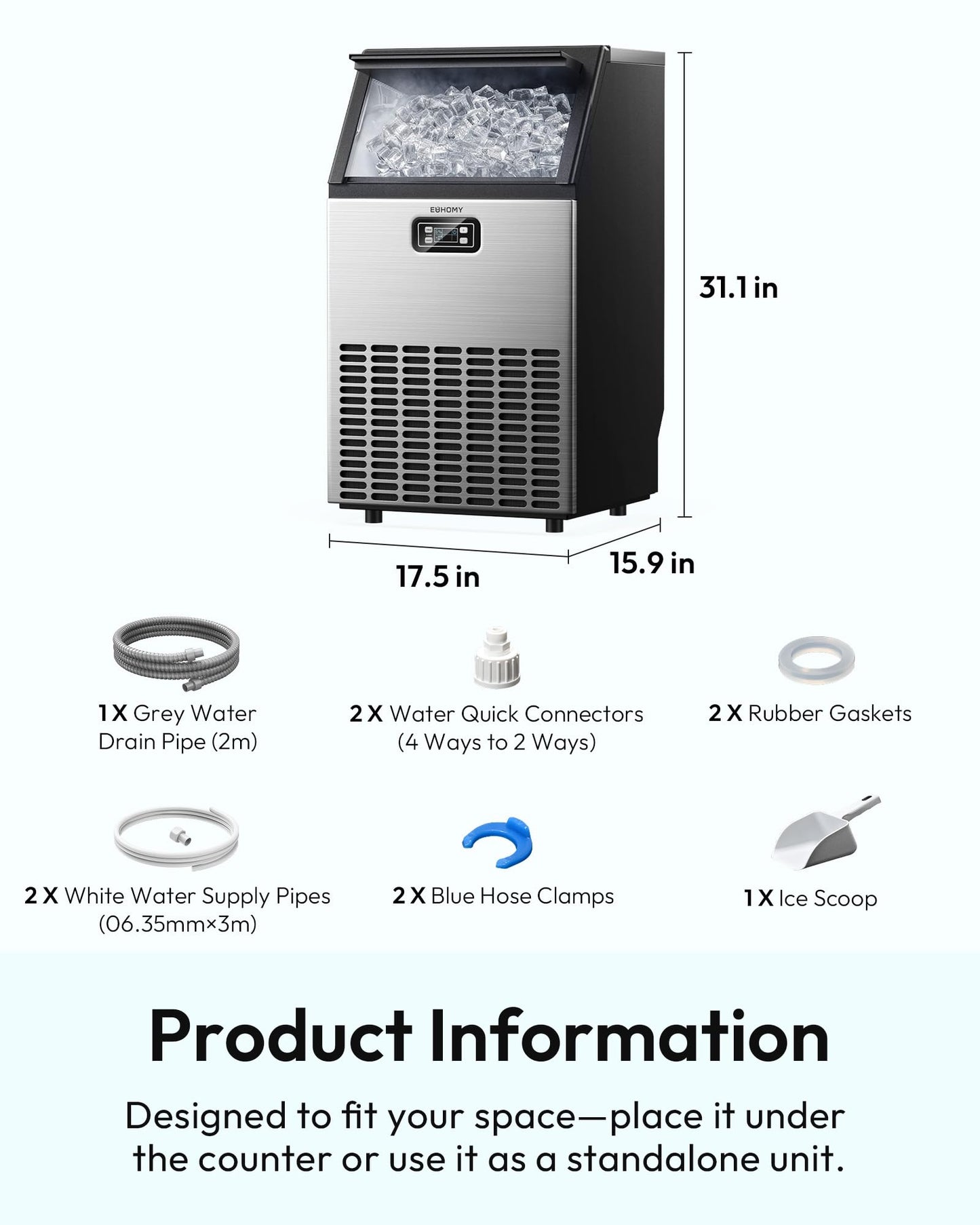 EUHOMY 100 lbs/Day Stainless Steel Under-Counter Commercial Ice Maker