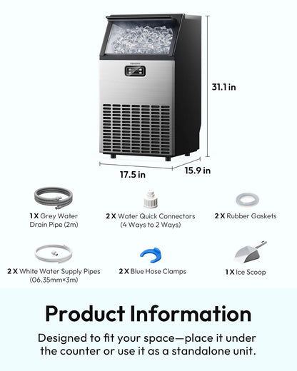 EUHOMY 100 lbs/Day Stainless Steel Under-Counter Commercial Ice Maker