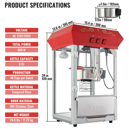 VEVOR Commercial Popcorn Machine 8 Oz Kettle 850W 48-Cup Countertop