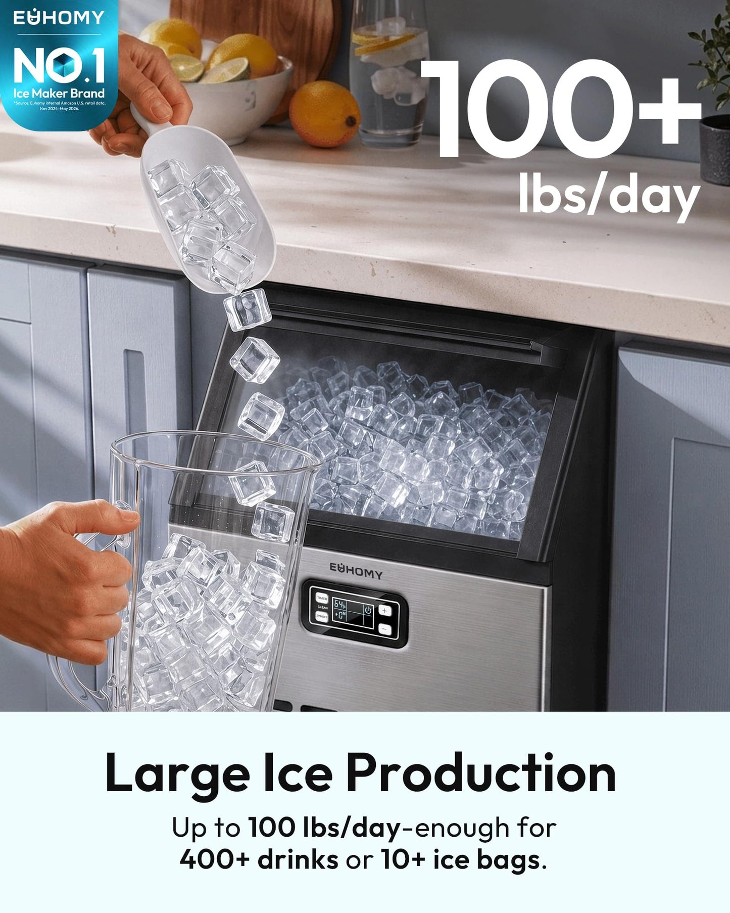 EUHOMY 100 lbs/Day Stainless Steel Under-Counter Commercial Ice Maker