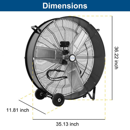 BILT HARD 34" 15000 CFM 3-Speed Industrial Drum Fan, Black