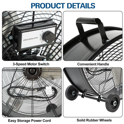 BILT HARD 34" 15000 CFM 3-Speed Industrial Drum Fan, Black