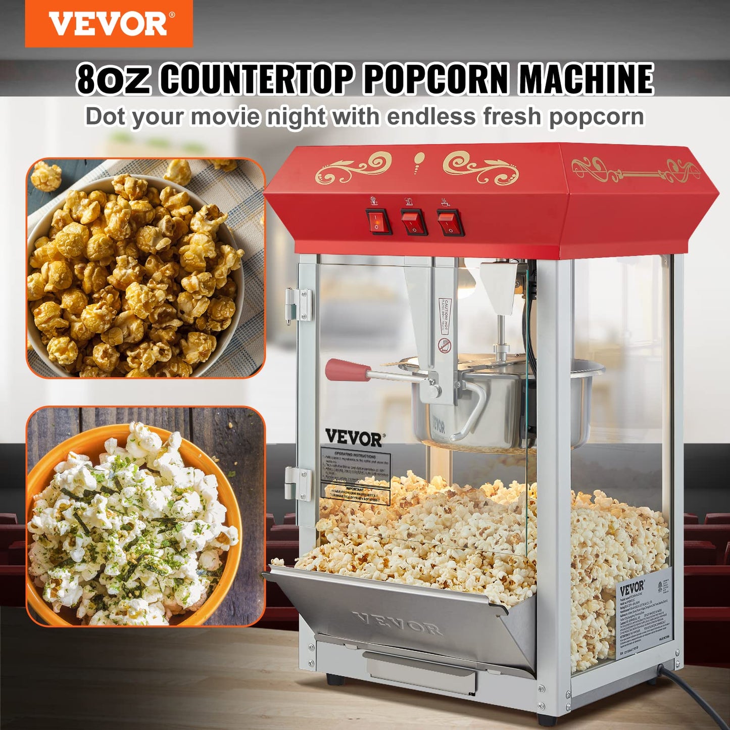 VEVOR Commercial Popcorn Machine 8 Oz Kettle 850W 48-Cup Countertop