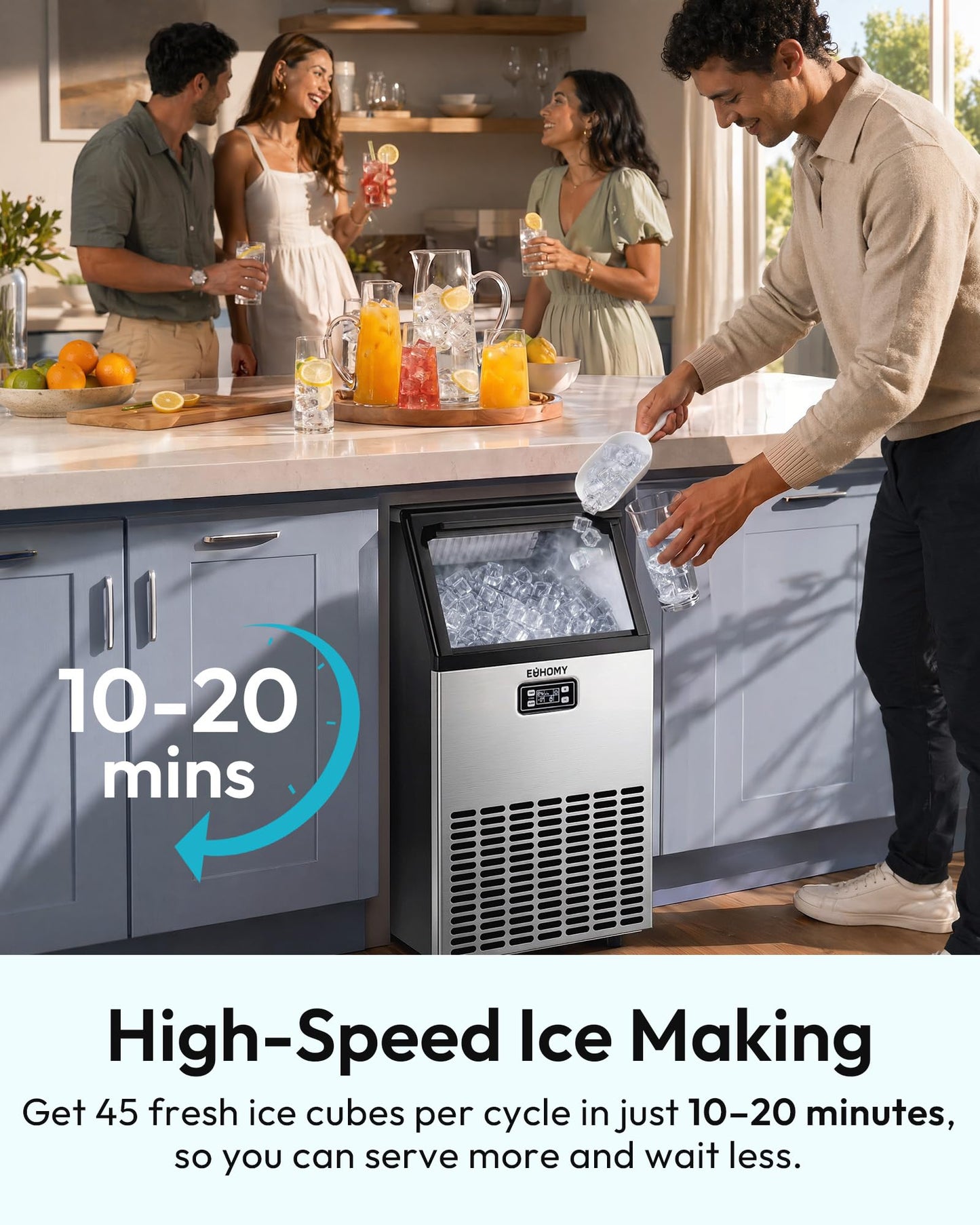 EUHOMY 100 lbs/Day Stainless Steel Under-Counter Commercial Ice Maker