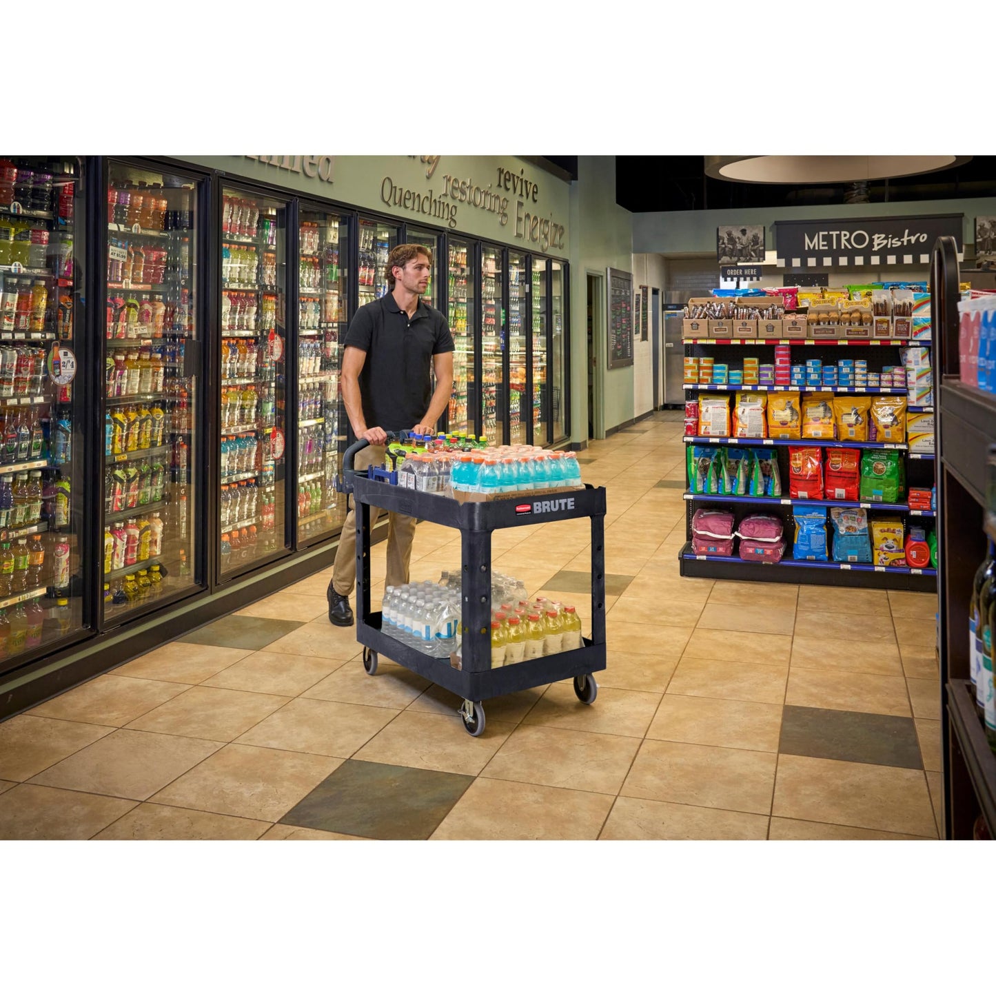 Rubbermaid Commercial 2-Shelf Utility Cart Medium Black 500 Lb Capacity