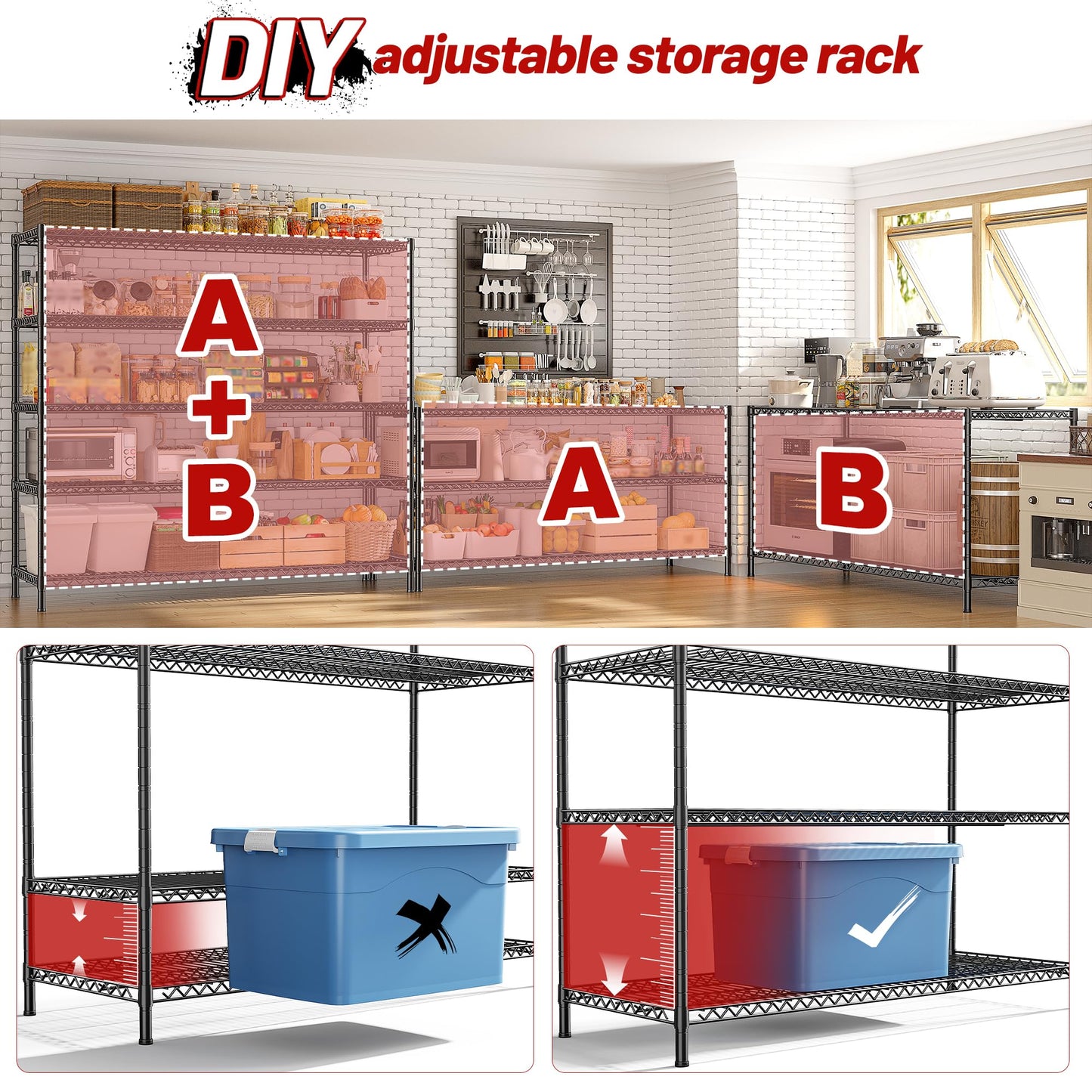 REIBII 3200LBS Heavy Duty 5-Tier Wire Shelving Unit 55.5"W